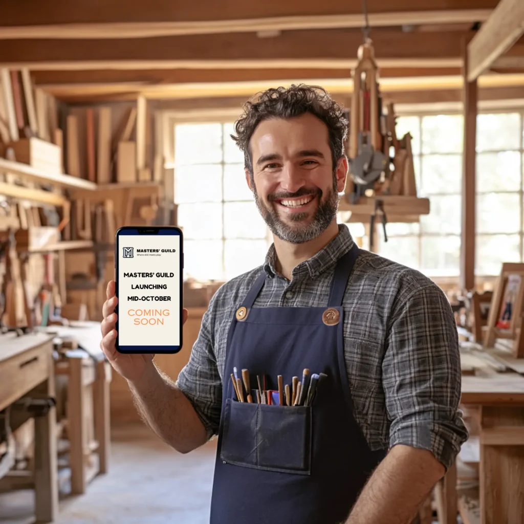 Happy craftsman in a traditional workshop, holding a smartphone showing 'Masters' Guild Launching Mid-Oct' with Play Store and App Store logos, smiling as sunlight streams in.