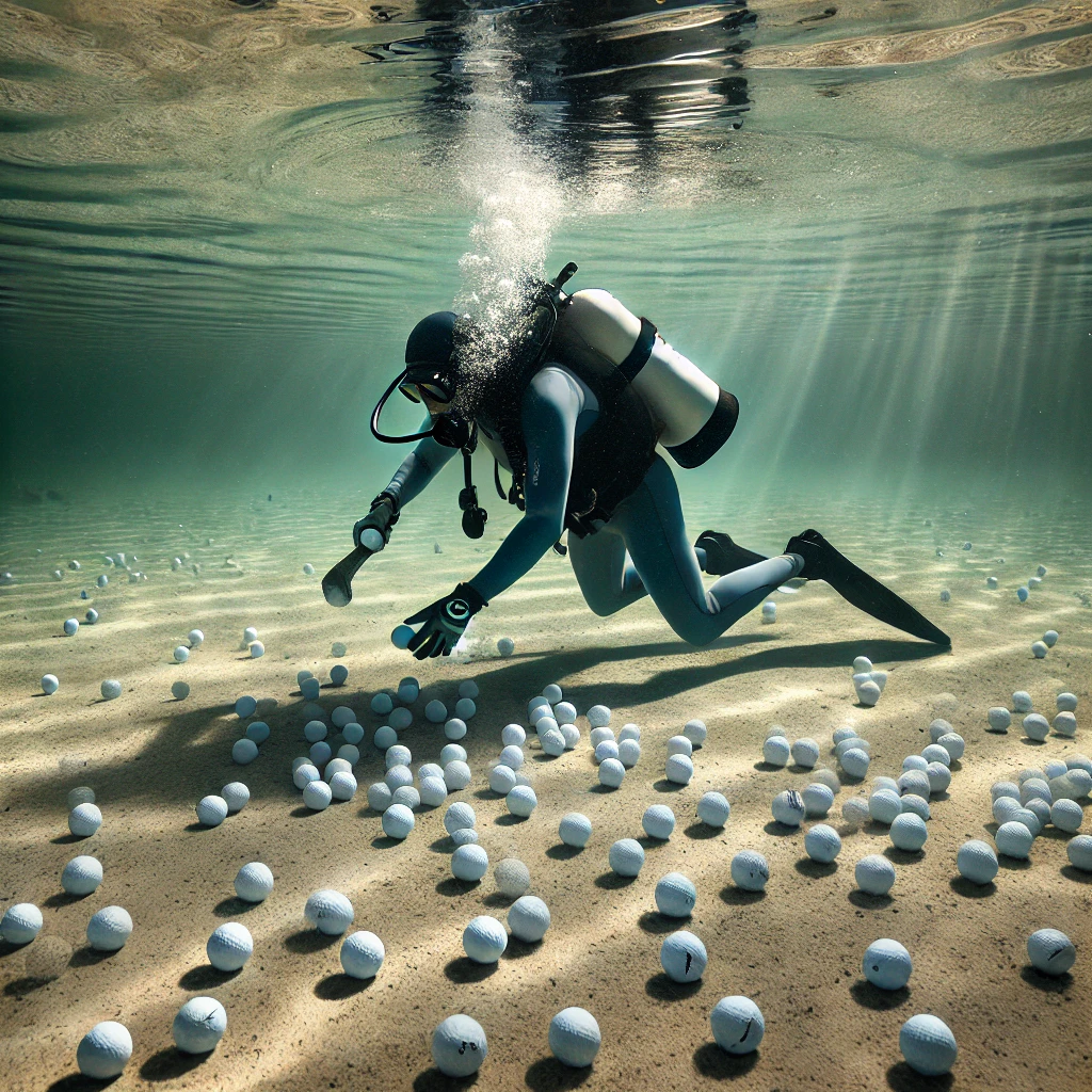 A diver in a wetsuit and oxygen tank underwater, collecting golf balls from the bottom of a calm pond at a golf course, with light filtering through the water, representing the specialized services of Masters' Guild.