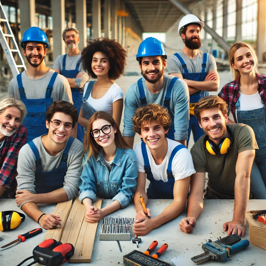 A diverse group of young people, including blue-collar students and junior professionals, working together at a construction site. They are engaging in hands-on tasks like carpentry and electrical work, smiling and developing their skills in a bright and motivating environment.