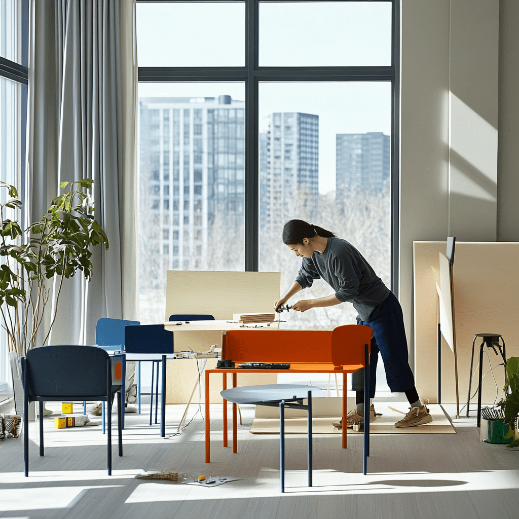 Female worker assembling furniture with tools, focusing on precise craftsmanship in a home setting.