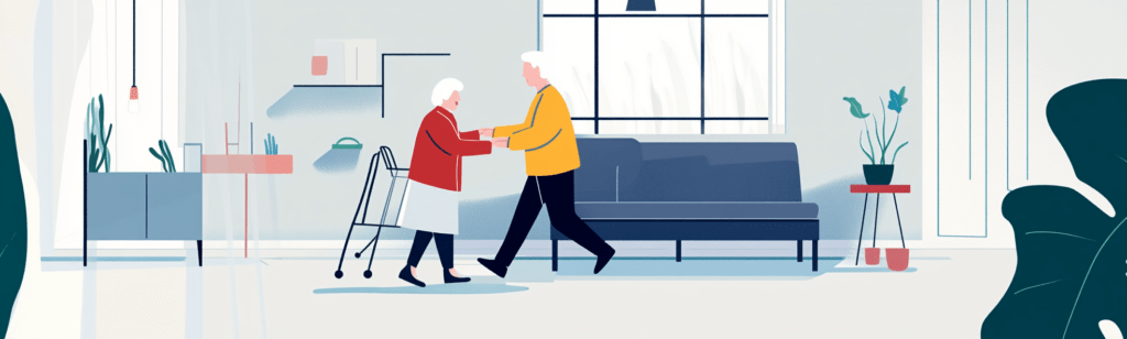 Illustration of a caregiver assisting an elderly person with daily tasks, walking together in a cozy home environment.