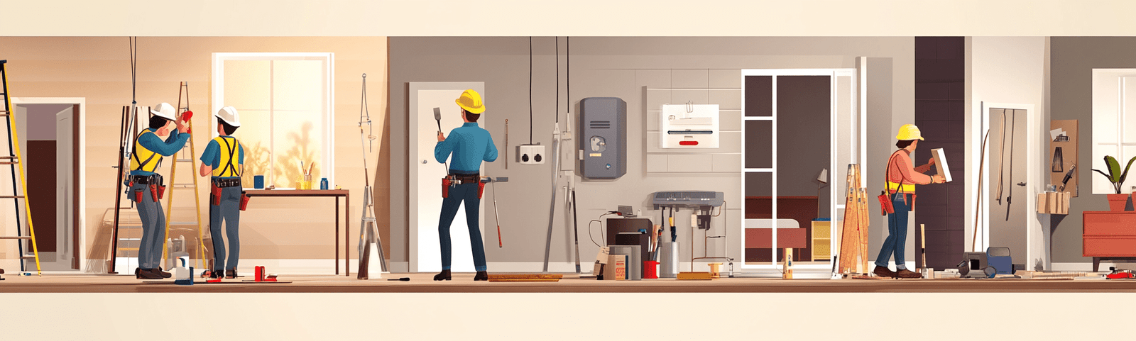 Illustration of workers performing various home repairs, including furniture assembly, plumbing, painting, and electrical work, in a clean, minimal style with soft colors and organized tools.