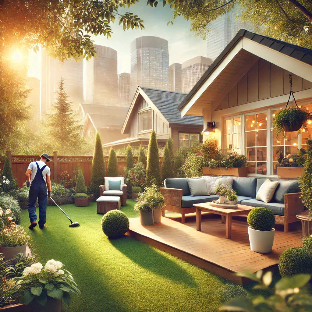 Cozy backyard in Calgary with a tidy lawn, trimmed bushes, and a welcoming seating area. A professional gardener works on plants under soft sunlight filtering through trees, creating a warm and inviting atmosphere.