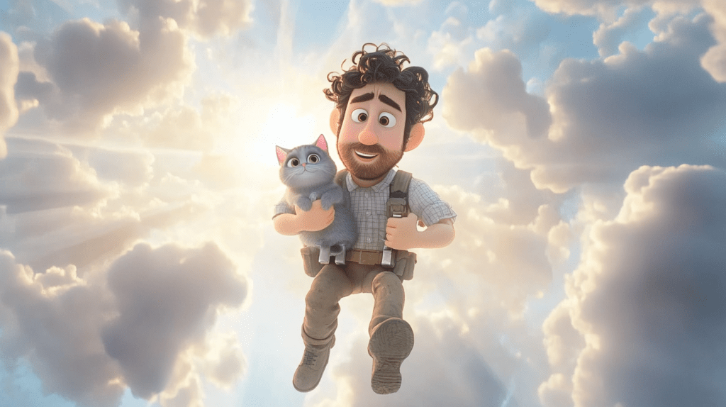 Max, the mascot of Masters' Guild, with a cat.