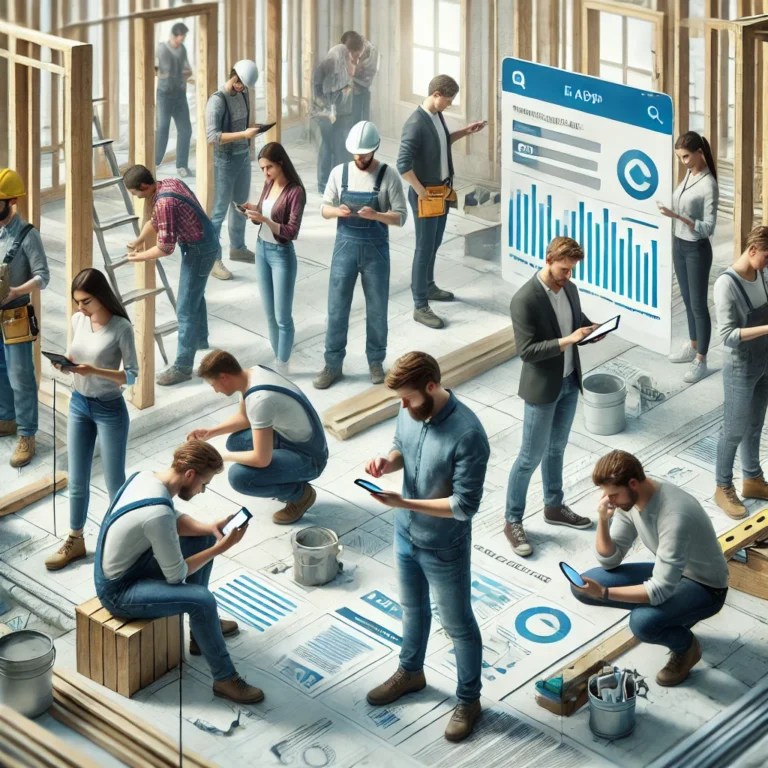 Young professionals and students on a construction site using a mobile app on their smartphones and tablets. They are collaborating in small groups, with some engaging in tasks like carpentry and painting in the background. The app interface displays project details and progress, symbolizing teamwork, learning, and technology-driven growth in a bright and productive environment.