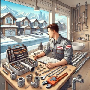 A professional plumber repairing pipes in a home, with tools and a snowy Calgary neighborhood visible, highlighting "Calgary plumbing service demand."