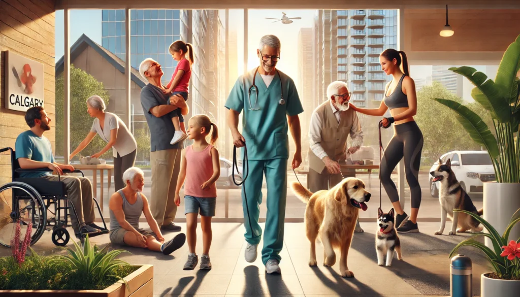 A vibrant scene showcasing Calgary Personal Services, featuring a daycare worker interacting with children, a caregiver assisting an elderly person, a pet sitter walking dogs, and a fitness trainer guiding a client in a modern gym. The image captures the essence of professional personal services in Calgary’s urban environment, emphasizing care, support, and well-being.