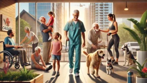 A vibrant scene showcasing Calgary Personal Services, featuring a daycare worker interacting with children, a caregiver assisting an elderly person, a pet sitter walking dogs, and a fitness trainer guiding a client in a modern gym. The image captures the essence of professional personal services in Calgary’s urban environment, emphasizing care, support, and well-being.