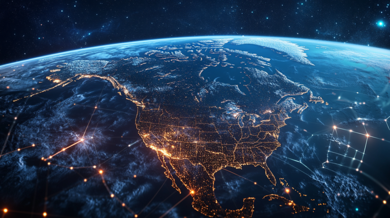 Realistic satellite view of the United States and Canada with glowing digital UI overlays, representing the launch of the Masters' Guild web platform.