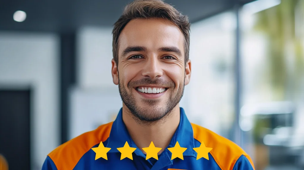 A smiling technician from the Masters' Guild stands confidently outdoors, with a floating 5-star rating UI beneath them — symbolizing trust, satisfaction, and verified quality.
